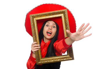 Fototapeta premium Mexican woman with picture frame on white