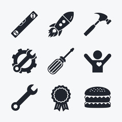 Screwdriver and bubble level, hammer.