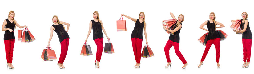 Set of woman with shopping bags on white