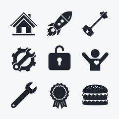 Home key icon. Wrench service tool symbol.