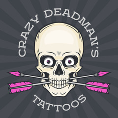 Tattoo parlor logo template. Hipster skull with crossed arrows.  Cool poster design. Apparel shop label