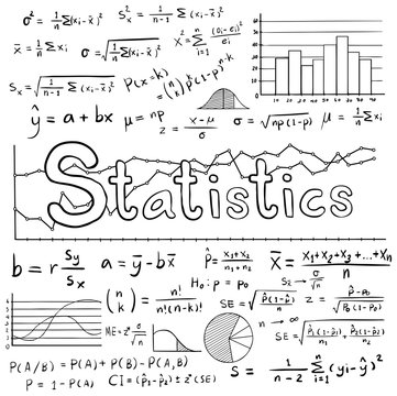 Statistic Math Formula Equation Doodle Icon With Graph Chart Diagram In White Isolated Background, Create By Vector 