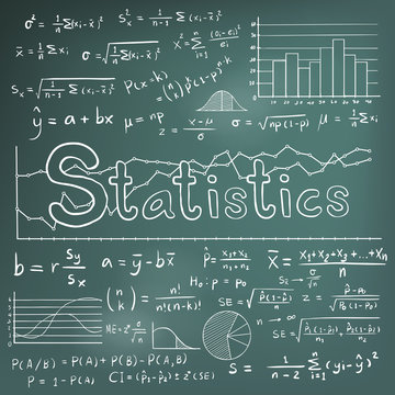 Statistic math theory formula equation doodle icon with graph chart and diagram in blackboard background, create by vector