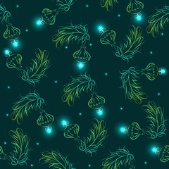 seamless pattern with fluffy tree branches and Christmas  tree decorations, vector