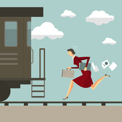 Young woman running after the train. Business success concept conquering adversity overcoming leadership challenge aspiration ambition motivation hurry up, vector illustration modern style.