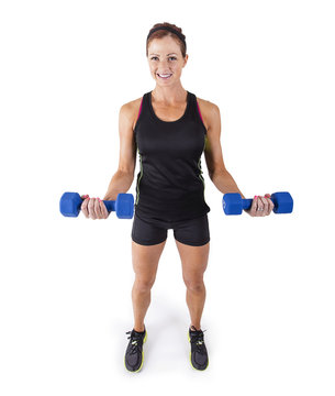 Fitness woman lifting free weights on a white background