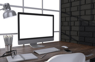 Fototapeta premium 3D illustration PC screen on table in office, Workspace