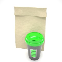 Coffee to go and lunch bag, on white.