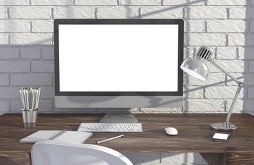 Fototapeta premium 3D illustration PC screen on table in office, Workspace