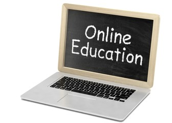  Laptop with chalkboard, online education concept