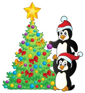 Penguins near Christmas tree theme 2