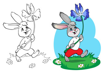 Coloring book or page. Rabbit in red shorts and white shirt with a blue flower.