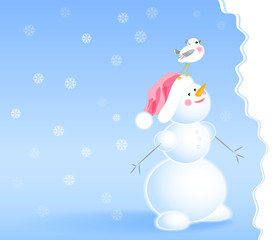 Snowman in a santa hat and a bird on his head looking up. Snowflakes and shaped edge of the frame on the background