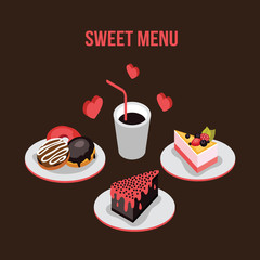 Delicious dessert poster Donut Cake Coffee background Food  isometric style