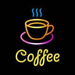 Neon Sign with Coffee Cup on Black Background. Vector