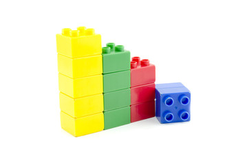 Obraz premium blue, yellow, green and red plastic building block isolated white background. image concept business growth
