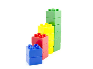 success achievement concept of business profit.blue,red, yellow and green plastic blocks isolated white background
