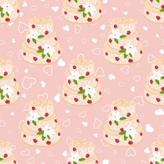 Wedding seamless pattern. Cake with cream red roses and white lilies