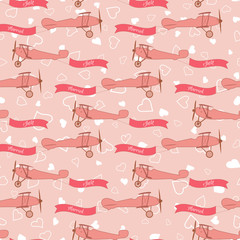 Wedding seamless pattern with retro planes and wedding banner