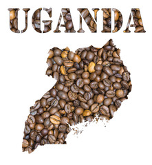 Uganda word and country map shaped with coffee beans background