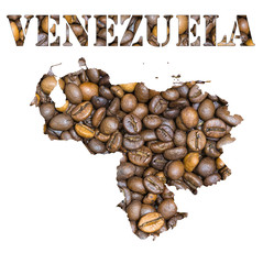 Fototapeta premium Venezuela word and country map shaped with coffee beans background