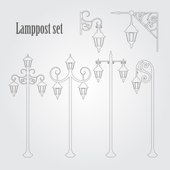 Set of different ornate lampposts.