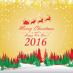 Merry Christmas and Happy New Year 2016. Santa Claus and reindeer. The colorful snow and star on gold background.