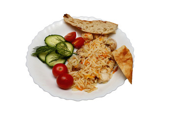 pilaf with chicken pita bread and vegetables. isolated