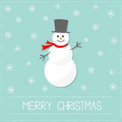 Cartoon Snowman and snowflakes. Blue background. Merry Christmas card Flat design