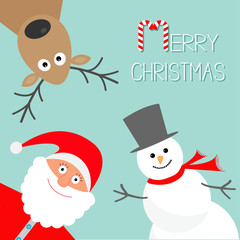 Cartoon Snowman, Santa Claus and deer. Blue background. Candy cane. Merry Christmas card. Flat design
