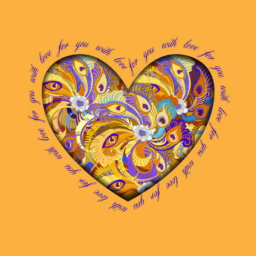 Orange painted peacock feathers heart design. Love card. 