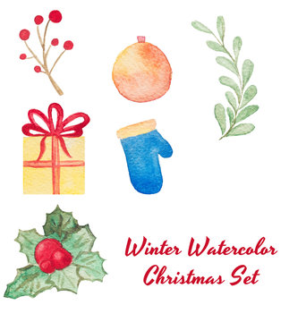 Hand drawn watercolor raster Christmas set isolated on white.  Perfect for invitations, greeting cards, quotes, blogs, wedding frames, posters and more.