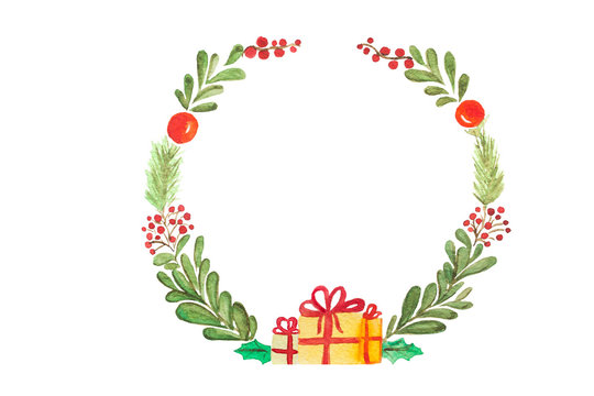 Hand drawn watercolor raster illustration. Christmas Wreath isolated on white. Perfect for invitations, greeting cards, quotes, blogs, wedding frames, posters and more.