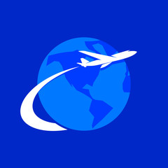 The plane vector logo template. The airplane flies around the Earth planet.