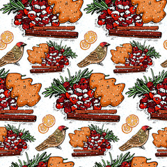 print, multicolor seamless pattern with bird, cranberry, cinnamon, Gingerbread, citrus on a white background, vector illustration
