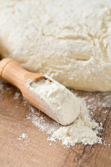 scoop of wheat flour and freshly prepared dough