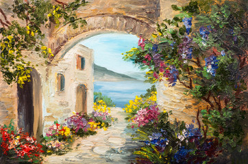 Plakaty  obraz olejny - dom nad morzem, kolorowe kwiaty, letni pejzaż morski