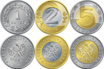 Set Polish Money one, two and five zloty coins - obrazy, fototapety, plakaty