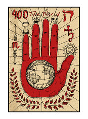 The tarot card in color. The World.