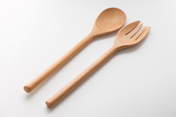 Wooden Spoon and Fork Isolated on white Background