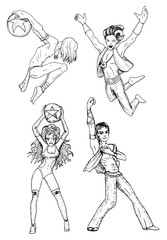 Graphic set with dancers, artists and performers.