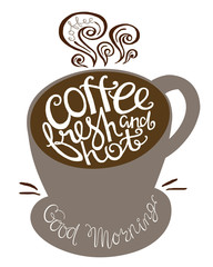 Coffee fresh and hot quote in the form of cups.