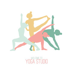 Logo for yoga studio. Four girls practising asanas.