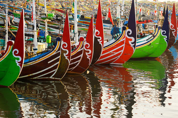 Colorful fishing boats in Muncar village in Banyuwangi, Indonesia
