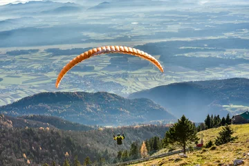 Tuinposter Paraglider is flying in the valley © _jure