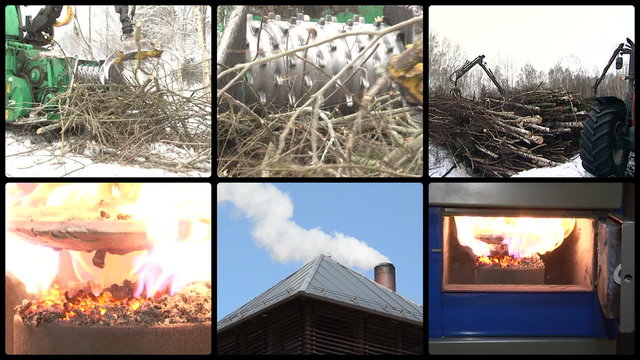 Special equipment crush tree branches for biofuel. Burning wood granules in boiler. Smoke rise from chimney. Montage of video clips collage. Split screen. Black round corner frame. Full HD 1080p.