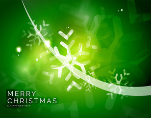 Christmas green abstract background with white transparent snowflakes