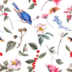 Fototapety  Bezszwowe tło z różowymi kwiatami, chrząszczami i ptakami