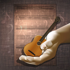 Guitar in hand on the texture background
