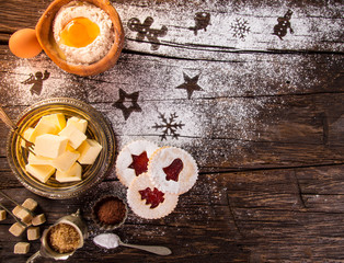 Christmas sweets over wooden background, close-up.